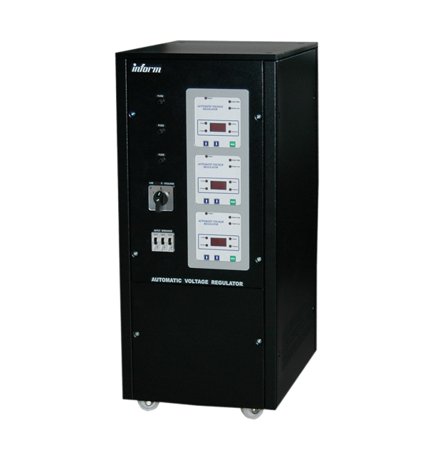 Inform Electronic, 110 KVA, 3 phase, wide input range 145-255 Vac, Output 230Vac Digital display automatic voltage regulator.
